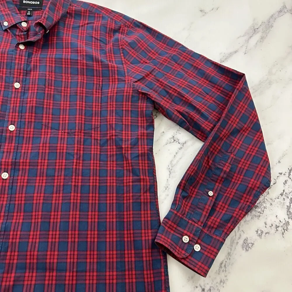 Bonobos Mens Button Up Shirt Size XL Red Blue Plaid Silm Fit Long Sleeve - Picture 3 of 12